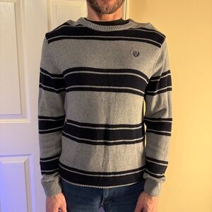 Chaps Men's Gray and Navy Striped Crewneck Sweater